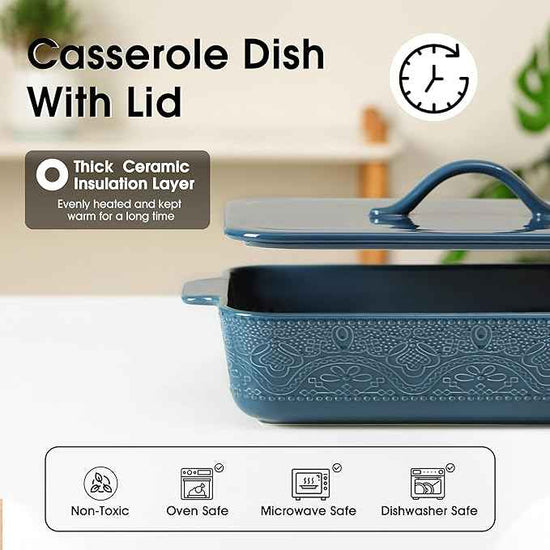 Casserole Dish with Lid, Ceramic 9x13 Casserole Dish for Oven, Rectangular Bakeware, Large Baking Dish with Handles for Holiday Cooking, Roasting, Baking, Oven & Microwave Safe (Blue)