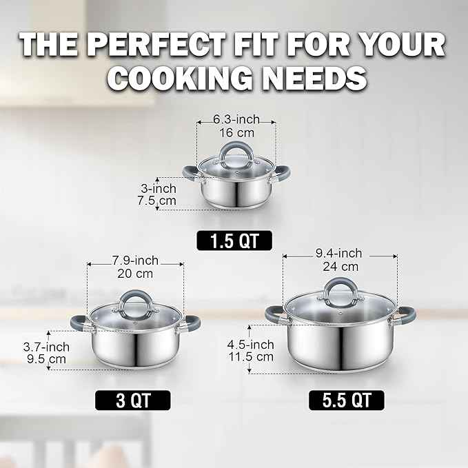 Cook N Home Stainless Steel Pot Set with Glass Lid, 6 Pieces Basics Cookware Set with Stay-Cool Silicone Handles, 1.5/3/5.5 Quarts Small Cooking Stock Pot Saucier Casserole