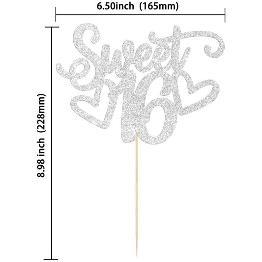 1Pc Sweet Teenager 16 Cake Topper Glitter 16th Birthday Cake Pick for Cheers to 16 Years Old 16th Birthday Party Cake Decorations Supplies Sliver