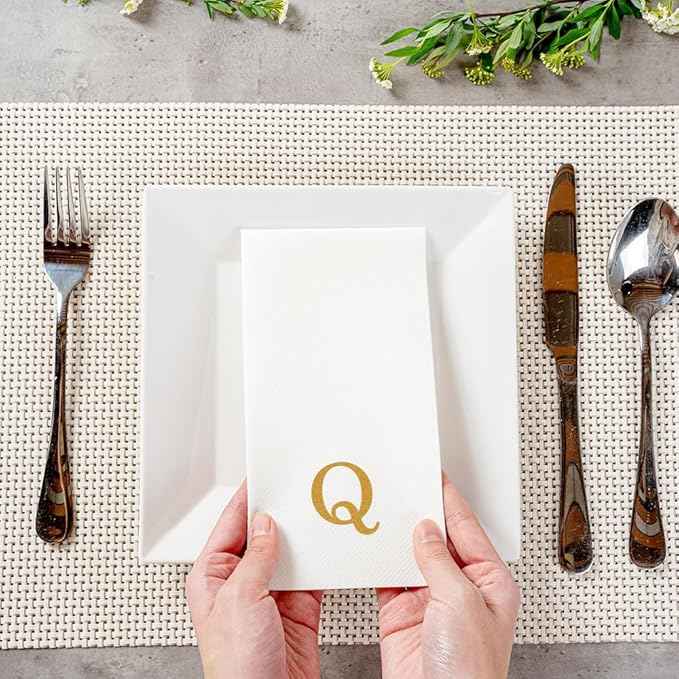 Luxenap 15.8 X 7.9 Inch Linen-Feel Guest Towels, 2000 Lettered Hand Towels - Gold Letter 'Q', Sans Serif Font, White Paper Dinner Napkins, airlaid, For Restrooms And Tables