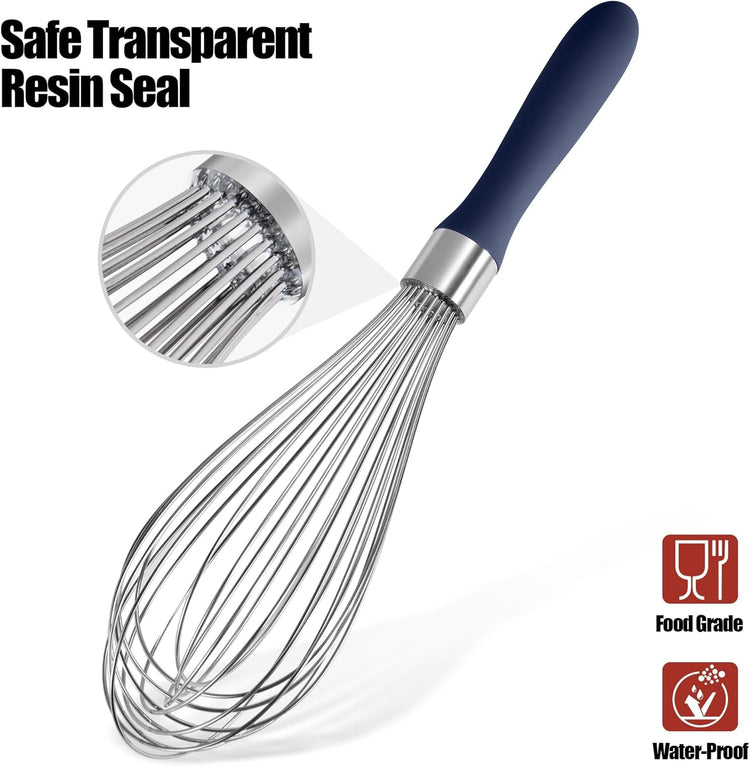 18/8 Stainless Steel Balloon Whisk, Doosu Kitchen Whisk for Cooking Handheld Egg Beater with Rust-Proof Sturdy Wires & Non-Slip Silicone Handle for Beating, Stirring, Blending (12 Wires, Navy Blue)
