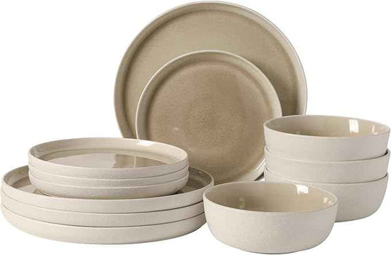 Gibson Elite Tahoe Sunset 12-Piece Reactive Stoneware Dinnerware Set – Matte Exterior & Shiny Interior Plates and Bowls, Durable Everyday Dish Set, Microwave & Dishwasher Safe - Taupe