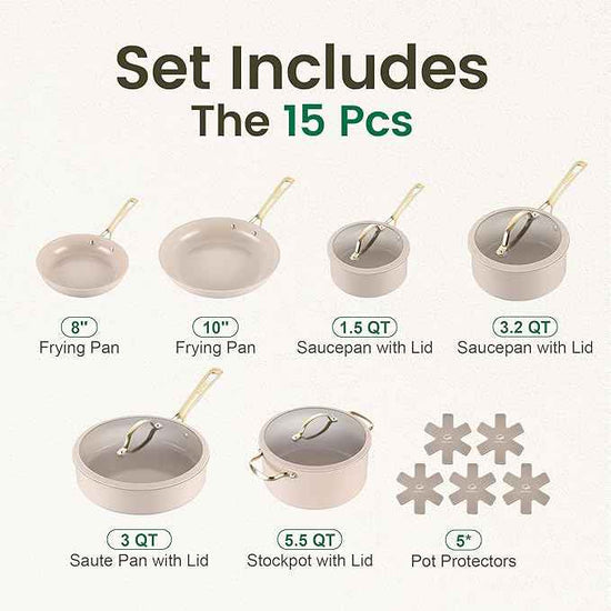 Chef Power Ceramic Cookware Sets, 15Pcs Pots and Pans Set Non Stick, Cookware Set with Stainless Steel Handle, Dishwasher & Oven Safe, Taupe and Light Gold Handle