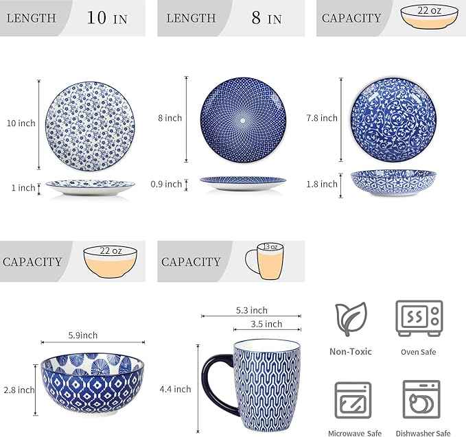 Selamica 30-Pieces Ceramic Dinnerware Sets for 6, Scratch Resistant Plates and Bowls Sets, Microwave and Dishwasher Safe, Vintage Blue A