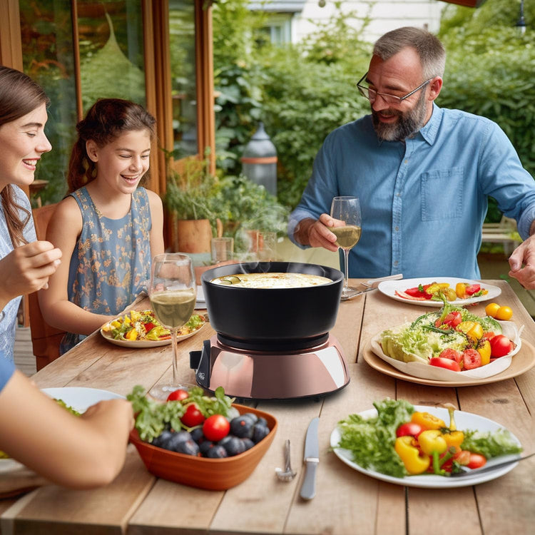 Artestia Swiss Design 2-QT Electric Fondue Pot for Meat, 1500W Ceramic Chocolate Melting Pot with Adjustable Temperature, 6 Fondue Forks, White Ceramic Pot with Rose-Gold Base (Black)