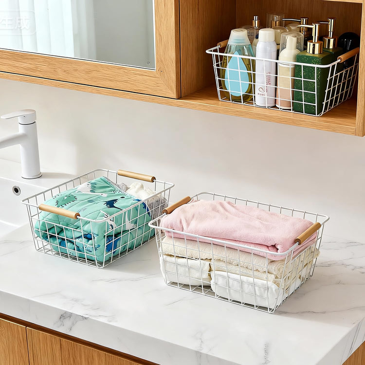 White Wire Baskets for Organizing with Handles (4 Count)