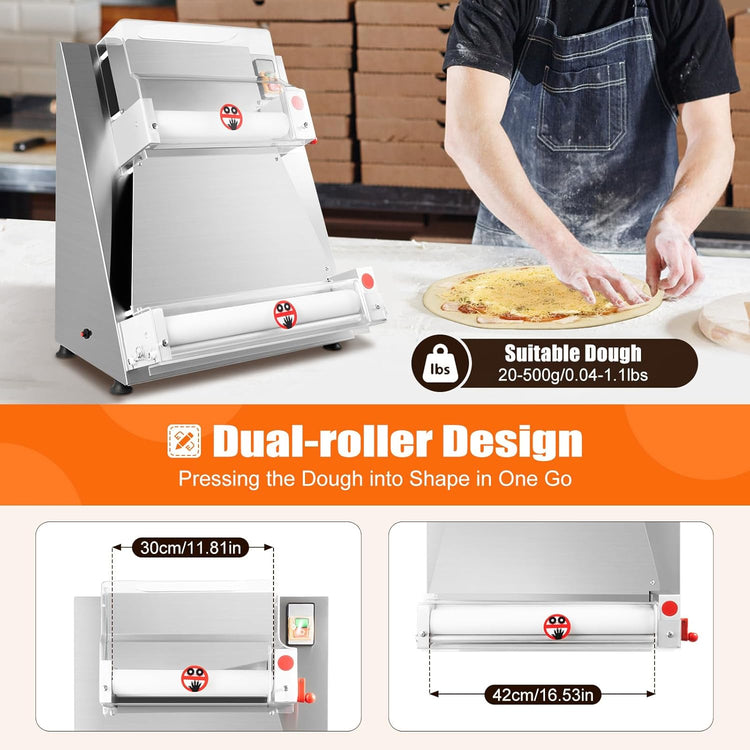 Pizza Dough Roller Sheeter, 4-15.7 Inch Automatic Commercial Pizza Press, 370W Electric Dough Roller, Stainless Steel Thickness Adjustable Dough Machine Pasta Maker - About 5S/Dough