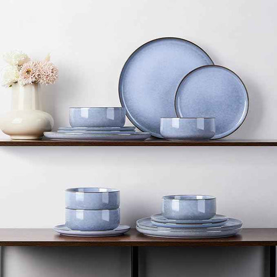 E-far Dinnerware Sets for 6, 18-Piece Plates and Bowls Set, Reactive Glaze Dishes, Stoneware Dinning Ware Set, Microwave & Dishwasher Safe - Ocean Blue