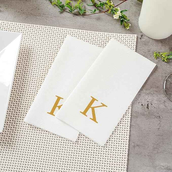 Luxenap 15.8 X 7.9 Inch Linen-Feel Guest Towels, 50 Lettered Hand Towels - Gold Letter 'K', Sans Serif Font, White Paper Dinner Napkins, airlaid, For Restrooms And Tables