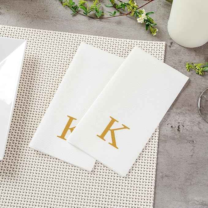 Luxenap 15.8 X 7.9 Inch Linen-Feel Guest Towels, 50 Lettered Hand Towels - Gold Letter 'K', Sans Serif Font, White Paper Dinner Napkins, airlaid, For Restrooms And Tables