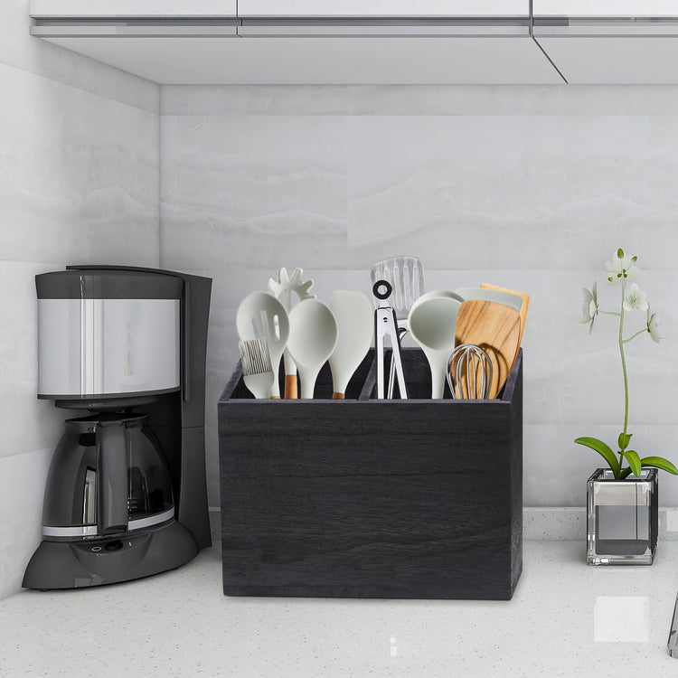 Wooden Kitchen Utensil Caddy With 2 Compartments