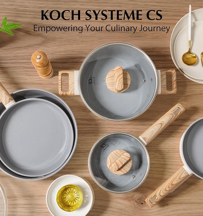 KOCH SYSTEME CS Nonstick Ceramic Cookware Set, Nonstick Pots and Pans Set with Stay-Cool Handles, Non-toxic Ceramic Kitchen Cooking Set, Induction Compatible Dishwasher Safe, PFAS and PFOA Free