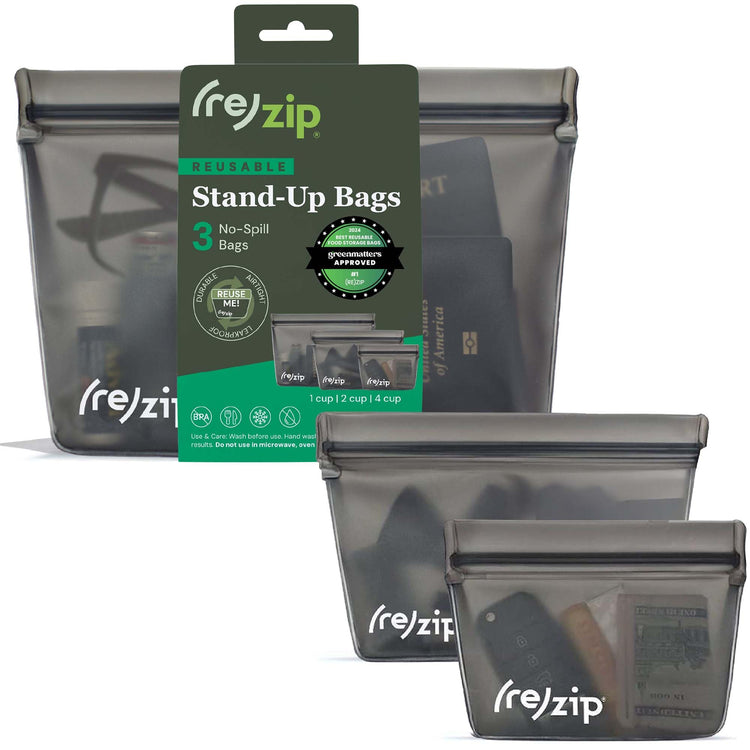 re) zip 3-Piece Stand-Up Reusable Bag Kit | BPA-Free, Food Grade, Leakproof, Travel Friendly, Freezer and Dishwasher Safe | Quart (1), 2-Cup (1), Snack Size (1) | Solid Gray (3 Count)