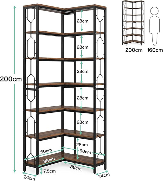 Tribesigns Corner Shelf, 7-Tier Industrial Corner Bookshelf, Wood and Metal Etagere Bookcase, Freestanding Display Shelf for Living Room, Kitchen, Home Office, Rustic Brown | Corner Bookshelf, Etagere Bookcase, Display Shelf, Living Room, Kitchen, Home...