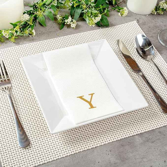 Luxenap 15.8 X 7.9 Inch Linen-Feel Guest Towels, 50 Lettered Hand Towels - Gold Letter 'Y', Sans Serif Font, White Paper Dinner Napkins, airlaid, For Restrooms And Tables - Restaurantware