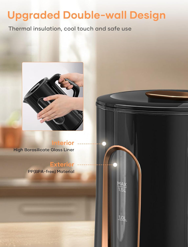 Offacy Electric Kettle, Tea Kettle Pot, Double Wall Glass Inner 1.5L/1200W, Hot Water Kettle Teapot Boiler & Heater with Automatic Shut Off, BPA-Free & LED Indicator Lights, Black