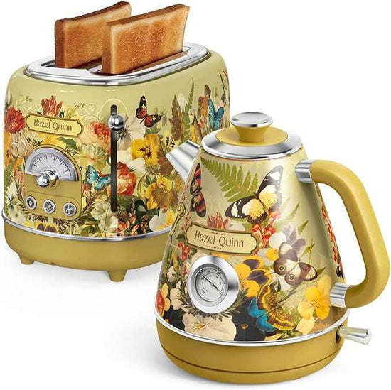 Hazel Quinn X Eduardo Recife Retro Breakfast Set, 2-Slice Toaster & Electric Kettle Bundle, 6 Browning Levels, Extra Wide Slots, 1200W Fast Boiling, 1.7L Stainless Steel - Floral Artistic Design