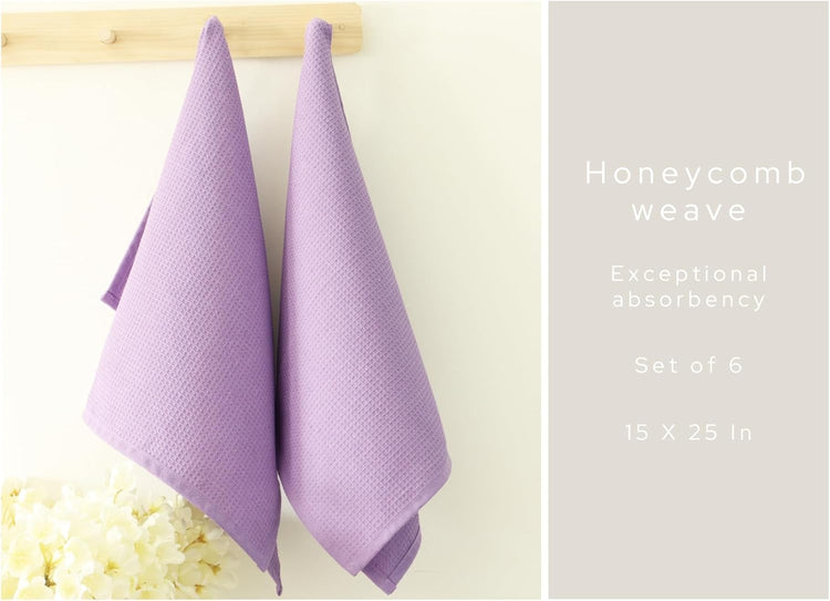 PurpleEssences Waffle Weave Kitchen Towel, 100% Cotton - 15 x 25 Inches, with Hanging Loop Ultra Soft Absorbent Quick Drying Dish Cloth, Tea and Hand Towels, 6 Pack - Spring Summer - Lavender - Nestoria