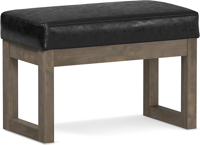 SIMPLIHOME Milltown Small Ottoman Bench - 27 inch Wide Upholstered Vegan Leather Rectangle Footstool Ottoman in Distressed Black, Contemporary Bench for Bedroom with Cushioned Seat, Assembled