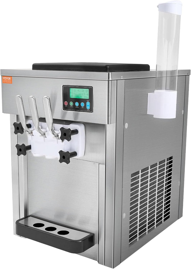 VEVOR Commercial Ice Cream Machine, 21 QT/H Yield, 1800W 3-Flavor Countertop Soft Serve Ice Cream Maker, 2 x 4L Hopper 2 x 1.8L Cylinder, LCD Panel Auto Clean Pre-cooling, for Restaurant Snack Bar