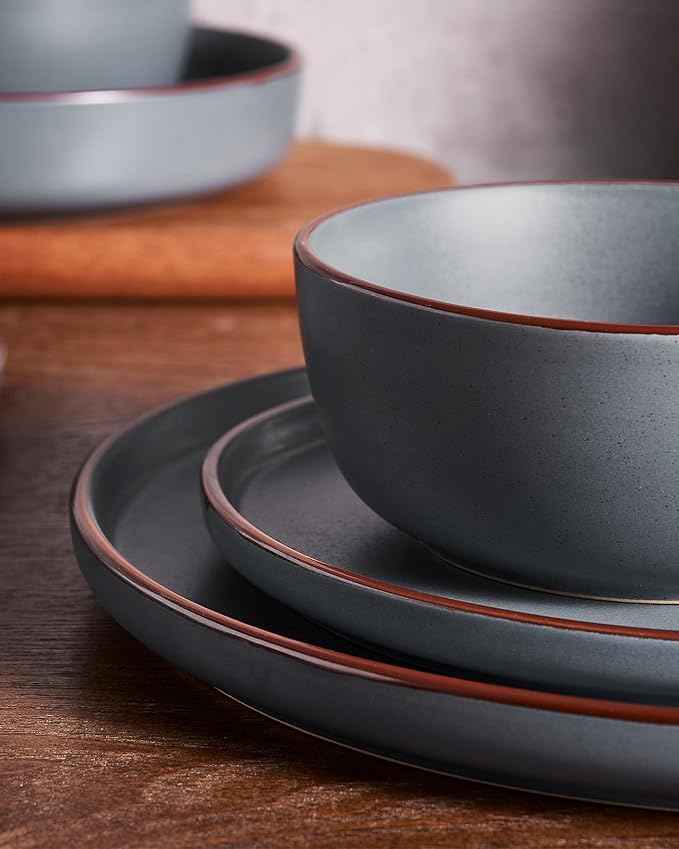 Famiware Mercury Dinnerware Sets with Pasta Bowls, Service for 4 (16 Pieces), Plates and Bowls Sets, Microwave and Dishwasher Safe Dishes Set, Charcoal