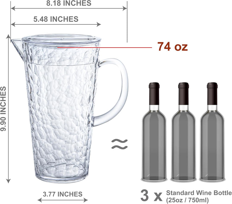 Bzyoo 74oz Clear ChillCraft Water Jug, BPA-Free Pitcher with Lid, Hammered Glass-Style Durable Plastic, Ripple Effect Design, Easy-Pour Spout, Ideal for Orange Juice, Iced Tea, Infused Waters