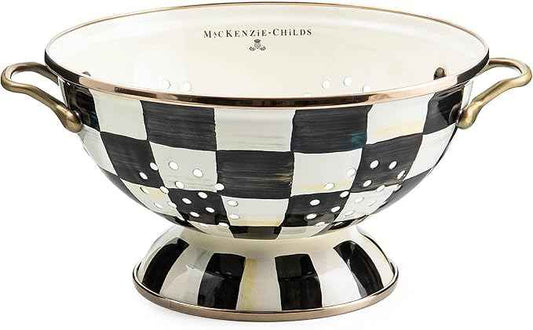 MACKENZIE-CHILDS Enamel Colander, Decorative Kitchen Strainer, Large, Black-and-White Courtly Check
