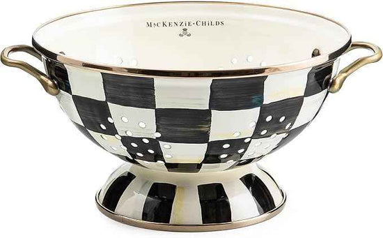 MACKENZIE-CHILDS Enamel Colander, Decorative Kitchen Strainer, Large, Black-and-White Courtly Check