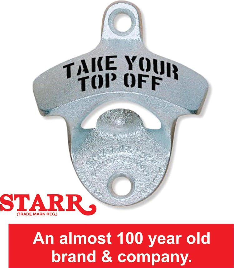 STARR "X" Take Your Top Off | Classic Wall Mounted Beer Bottle Opener for Home Bar, Kitchen, Patio, or Man Cave | Easy Cap Removal, Zinc Plated Cast Iron