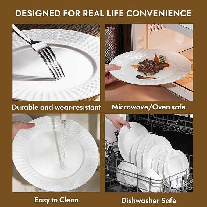 KINGSTONE 12-piece Bone China Dinnerware Set and 20-piece silverware, White Lightweight Porcelain for 4, Plates, Bowls with matching flatware, Microwave and Dishwasher Safe, for Family, Gifting
