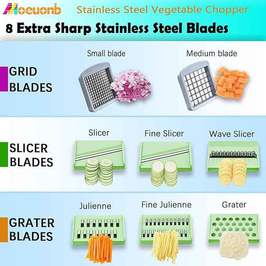 All-in-1 Vegetable Chopper with 8 Blades - Mandoline Slicer-Pro Food Chopper with Container - Veggie Salad Onion Chopper - Potato Dicer French Fry Cutter - Cheese Grater - Stainless Steel material
