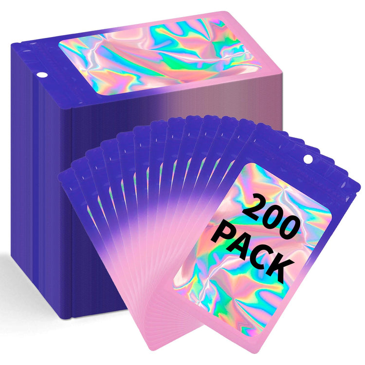 200 Pack Resealable Mylar Holographic Bags Food Storage Smell Proof Bags with Front Window Foil Packaging Pouch for Candy Sample Jewelry Small Business 3.15×5.51 Inch (200 Count)