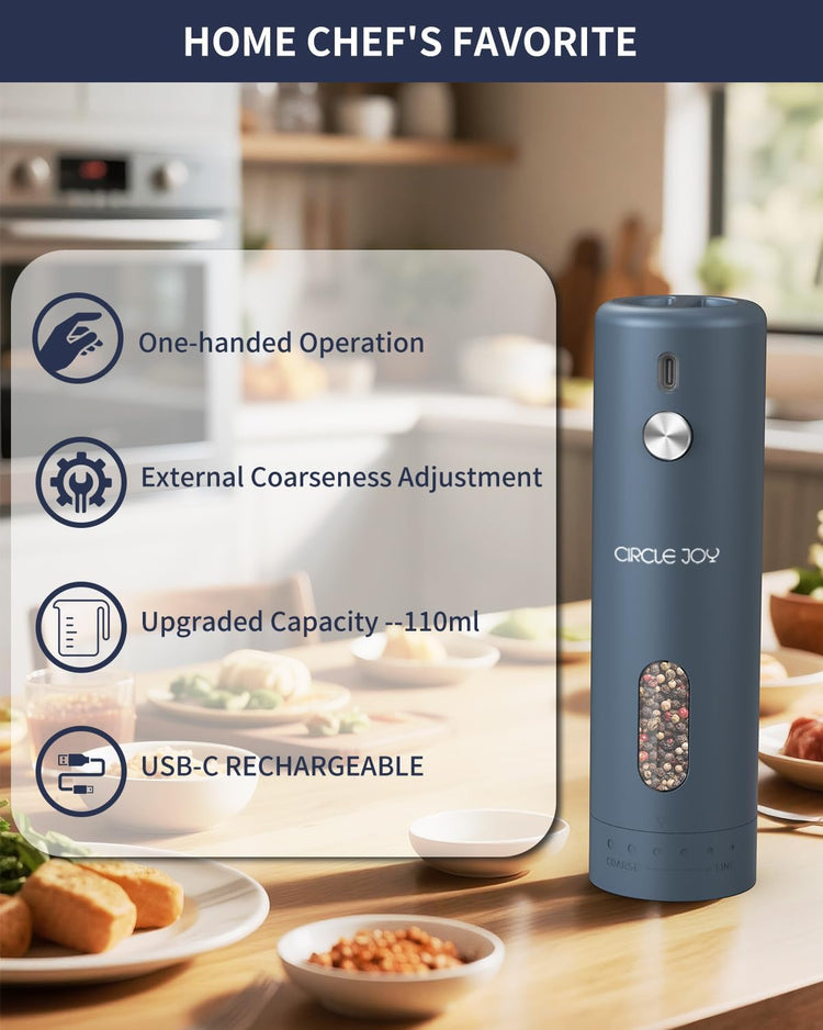 CIRCLE JOY Rechargeable Electric Salt and Pepper Grinder Set with Base, Automatic Pepper Mills with 110ml Container, External Adjustable Coarseness, White Led Light and One-Handed Operation, Blue