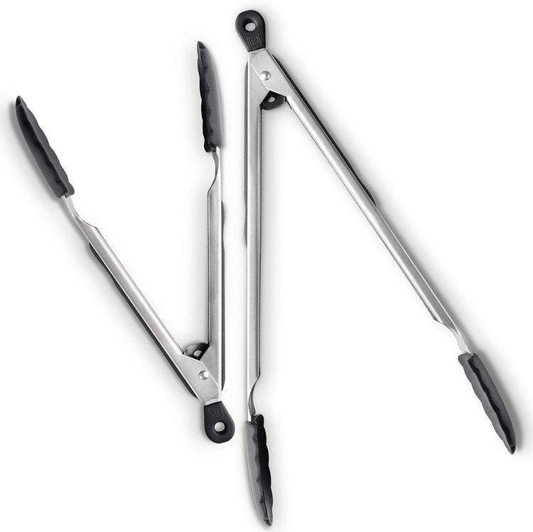 DI ORO Silicone Tongs for Cooking - Heat-Resistant Kitchen Tongs for Cooking with Silicone Tips - Small 9" & Large 12" for Nonstick Cookware - Stainless Steel Rubber Tipped (2pc, Black)
