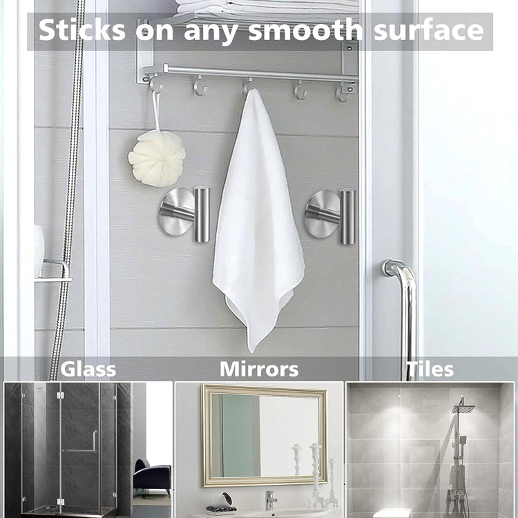 Adhesive Towel Hooks Heavy Duty Wall Hooks Stainless Steel Waterproof Shower Towel Hooks, Coat Hook for Hanging Clothes, Adhesive Hook for Bathroom, Glass Window, Kitchen- 2 Pack, Silver