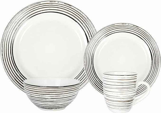 16 Piece Dinnerware Set, Ceramic Plates and Bowls Sets for 4, Microwave and Dishwasher Safe, Handcrafted Tree Bark Series Dish Set, White Birch