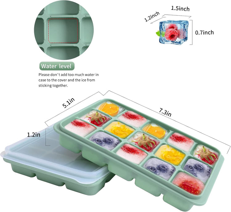 Ice Cube Trays Set of 2, Easy Release 15 Flexible Silicone Ice Cube Molds with Removable Lid Reusable Freezer Ice Trays Stackable for Whiskey, Baby Food, BPA Free (BAMBOO GREEN)