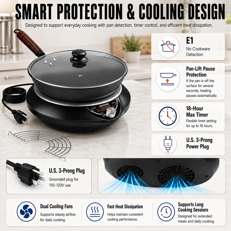 1700W Induction Cooktop with 13.4" Carbon Steel Wok Pan
