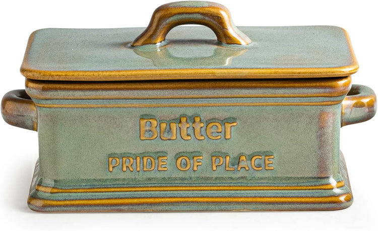 Butter Dish with Lid, Ceramic Butter Holder Container Large Butter Dish for Countertop Farmhouse Decor Butter Keeper for East West Coast Butter, Green