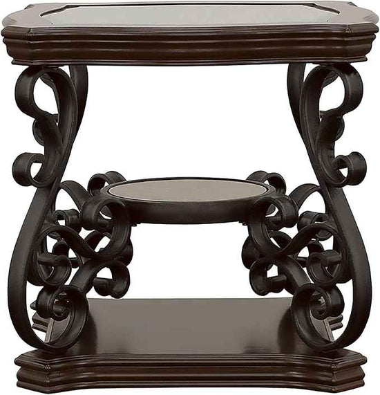 Coaster Home Furnishings - Laney - 1-Shelf Glass Top Rectangular End Table with Metal Legs, Scrollwork Design and Polished Wood Surface - Living Room - 26-Inch - Dark Merlot - 702447