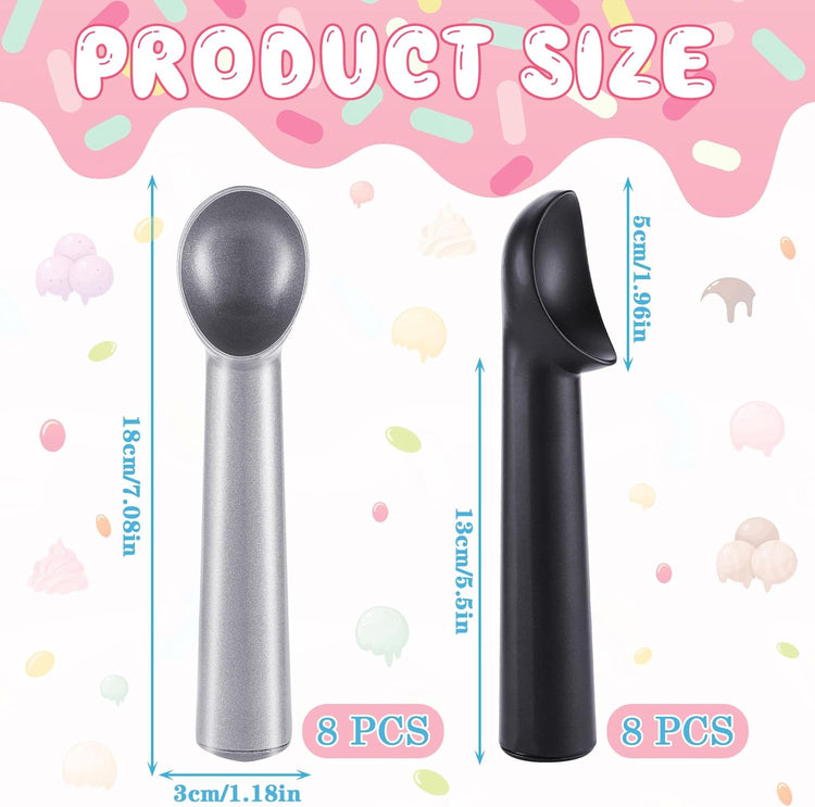 Gejoy 16 Pcs Ice Cream Scoop 7 Inch Nonstick Anti Freeze Ice Cream Scooper Aluminum Design Dessert Spoon for Gelatos Frozen Yogurt Fruit Sundaes Sorbet Almond Cookie Dough (Black and Silver)
