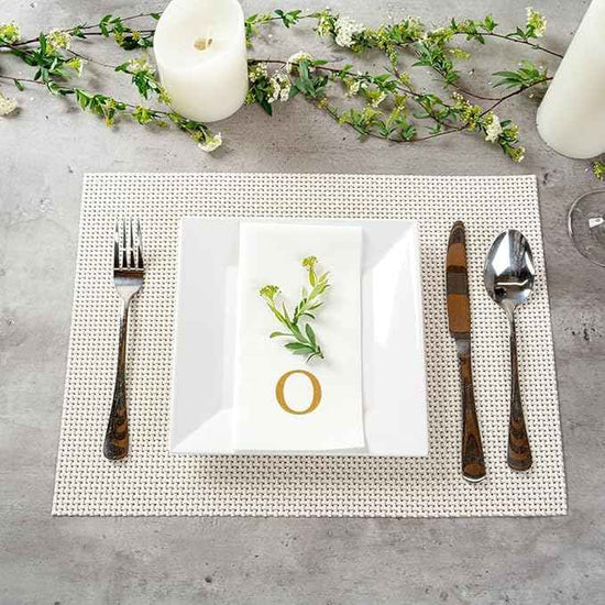 Luxenap 15.8 X 7.9 Inch Linen-Feel Guest Towels, 50 Lettered Hand Towels - Gold Letter 'O', Sans Serif Font, White Paper Dinner Napkins, airlaid, For Restrooms And Tables