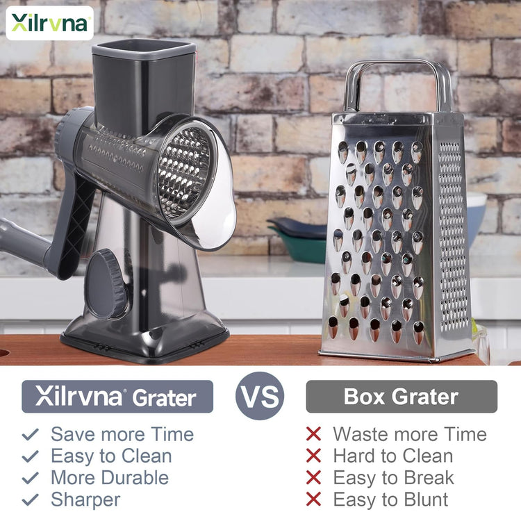 Rotary Cheese Grater with Handle Kitchen Shredder Slicer Grater Slicer Ice Shaver Cheese Vegetable Nuts Potato Zucchini Chocolate 3 Interchangeable Blades