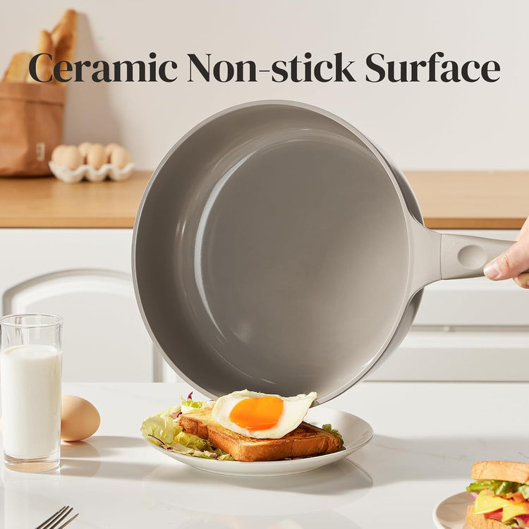 Redchef Deep Ceramic Frying Pan with Lid, Nonstick Saute Pan Cookware All Cooktop Compatibility, Stay-Cool Handles, PFOA Free, Healthy Coating, Tempered Glass Cover, Even Heat, Grey (3.7Qt, 10")