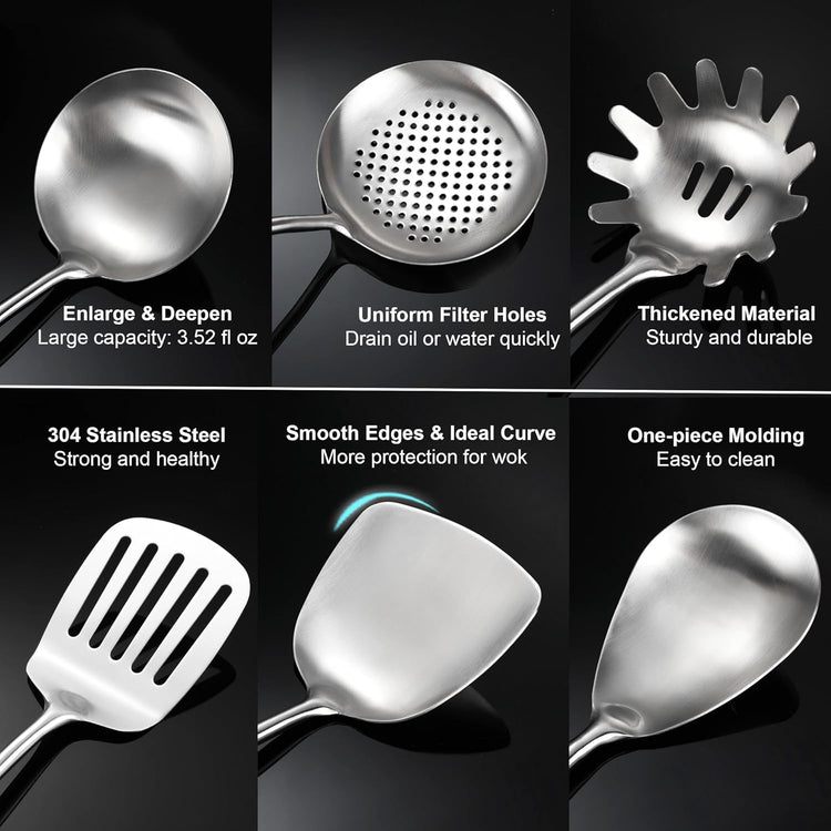 18/10 Stainless Steel Kitchen Utensils Set with Wooden Handle for Cooking 9 PCS with Solid and Slotted Spoon, Fork, Spatula, Ladle, Skimmer, Slotted Tunner, Spaghetti and Large Spoon