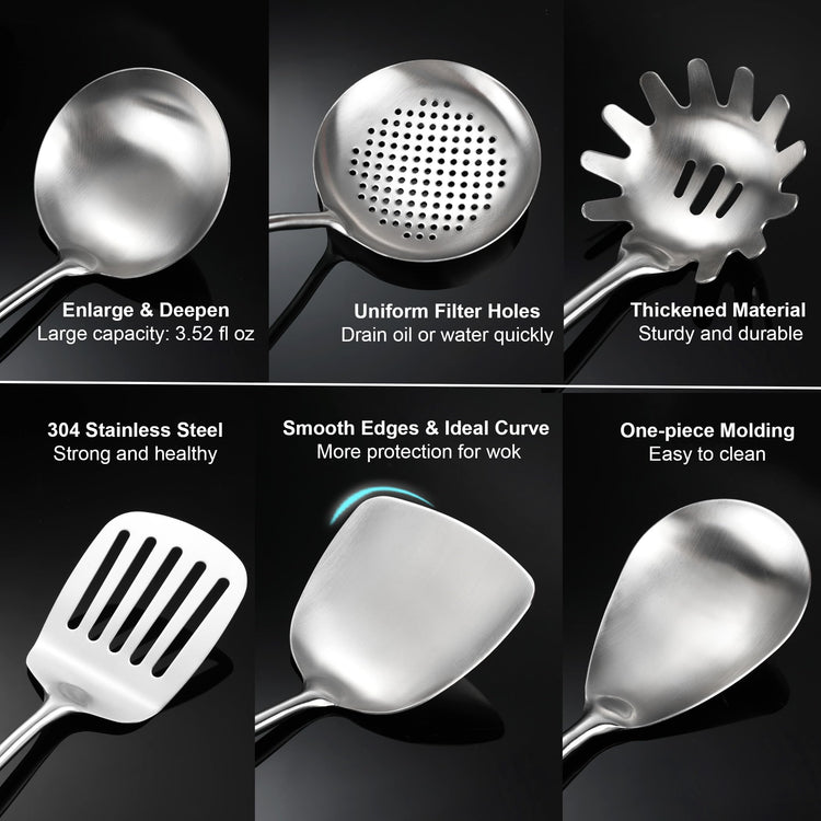 Stainless Steel Kitchen Utensils Set for Cooking Wooden Handle (9 Count)