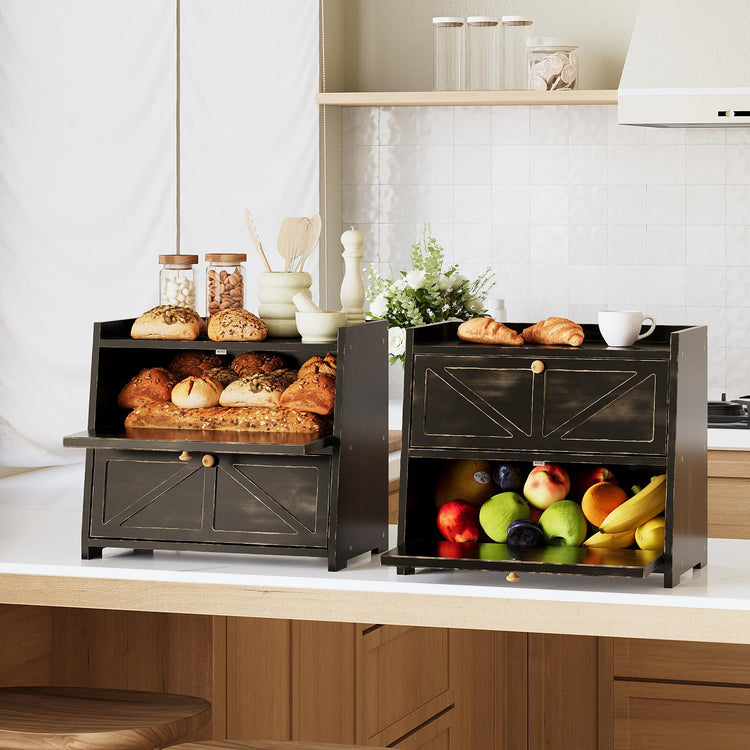 Vintage Double Layer Bread Box for Kitchen Counter Bamboo Bread Storage Container Large Capacity Bread Storage Bin