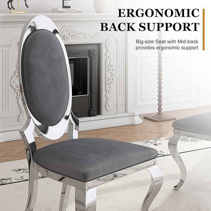 Modern Dining Chairs Set of 2, Luxury Velvet Upholstered Armless Dining Room Chair with Mirrored Stainless Steel Silver Legs, Mid Century Accent for Wedding Party Banquet Reception, Grey