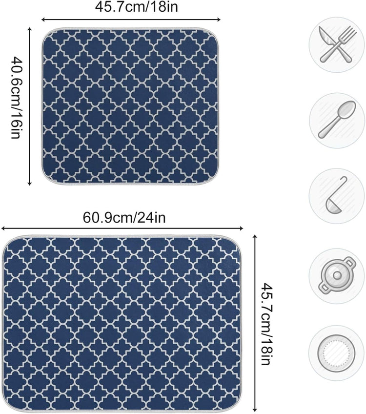 Super Absorbent Dish Drying Mat Microfiber Fast-Drying Dish Mat 16" x 18" Kitchen Dish Drying Pad Watercolor Cute Navy Blue Moroccan