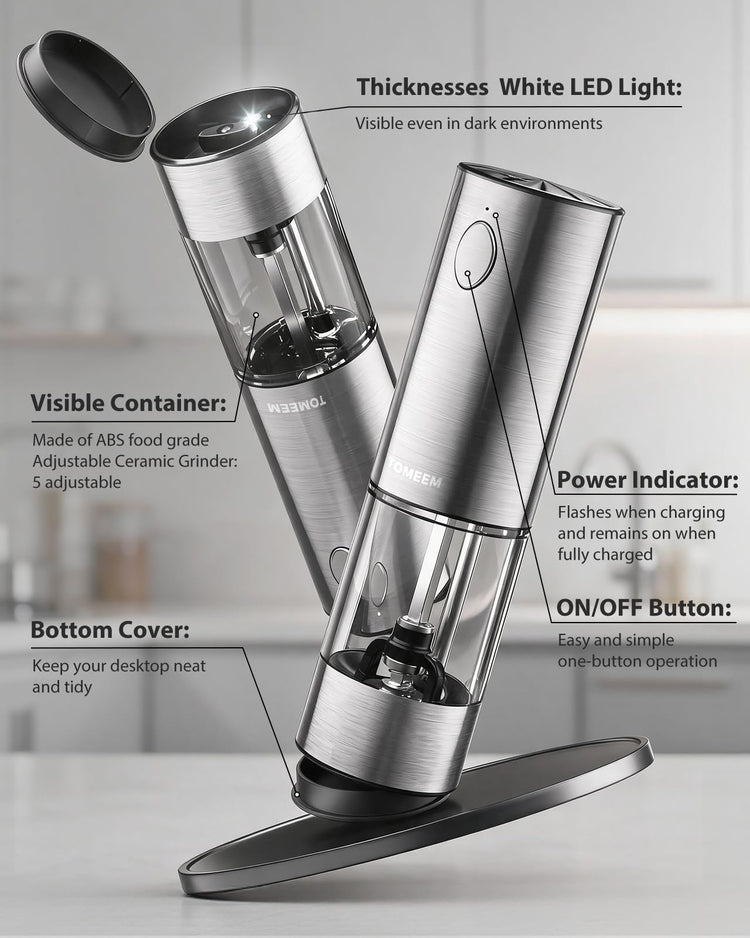 Larger Capacity Rechargeable Electric Salt and Pepper Grinder Set (2 Count)